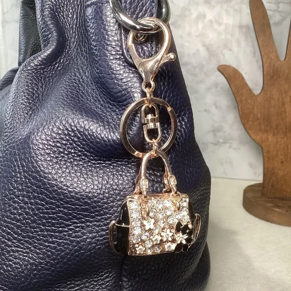 2-Way Black Floral Rhinestone Handbag Charm‎ - Key Chain Rose Gold Tone EUC
