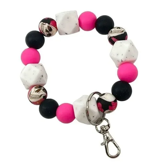 Keychain bracelet wristlet silicone beaded skull roses rockabilly NEW handmade c