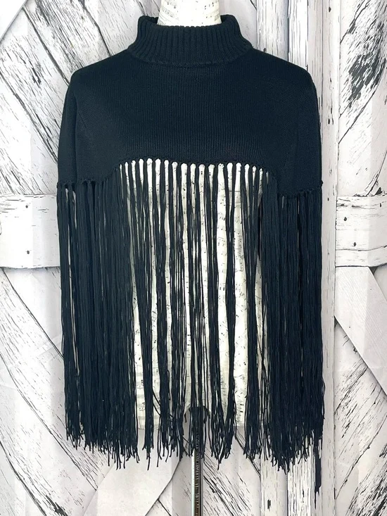 Black Fringed Knit Moc Neck Cape Elevated Half Sweater Size XL