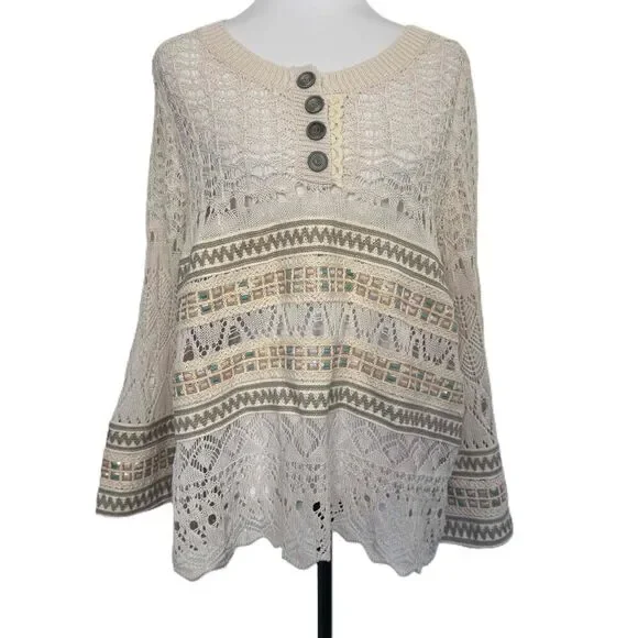 POL Sweater Crocheted Cream‎ Multicolor Embroidered Accents Pullover Size Medium