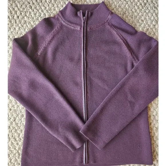 Pendleton Size Medium Merino Wool Leather Trim Full Zip Mock Neck Sweater