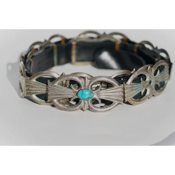 Vintage Navajo Sterling Silver Sand Cast Turquoise Concho Belt 450g Heavy 1950's