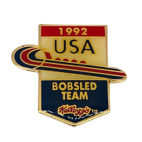 Kelloggs Frosted Mini Wheats 1992 US Bobsled Team Booster Lapel Hat Pin 1.3