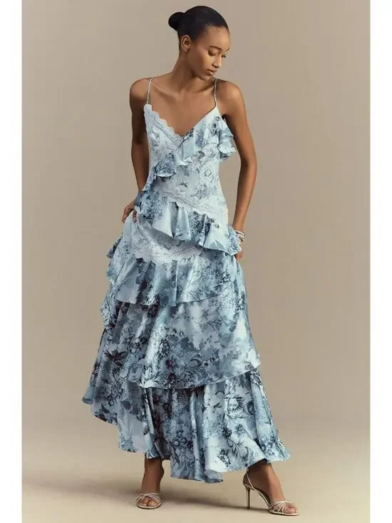 BHLDN Elora Sleeveless V-Neck Ruffle Lace Maxi Dress, Light Blue, EUC, Size 0