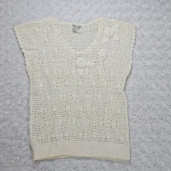 Vintage Parrimello Open Knit Cream Sleeveless Top with Roses