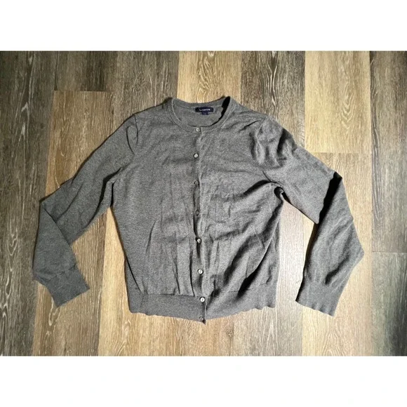 Lands End Cardigan Women Medium Gray Button Front Crew Neck Cotton Knit