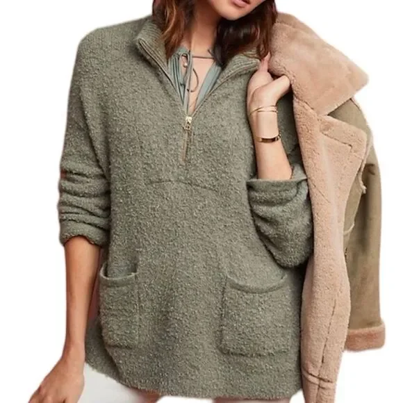 Anthropologie Sleeping on Snow Clarington Half Zip Wool Alpaca Green Sweater S