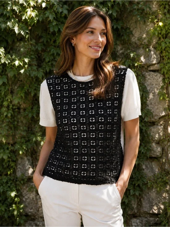KATE SPADE Layered Black and White Fitted Crewneck Sweater, M (Runs Small)