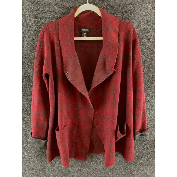 Jones & Co Women’s Windowpane Plaid Sweater Jacket Red & Grey Size M