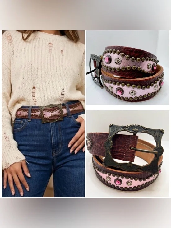 Streets Ahead Women’s Brown Studded Rhinestones Boho Belt Leather Medium