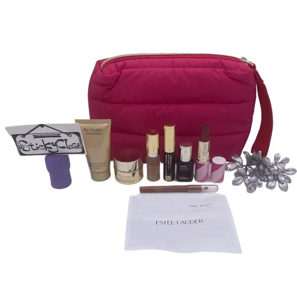 Estee Lauder Beauty Set-Air Pink Pouch,Lipstick,Mascara,Serum,Re-Nutriv-8pc-NEW