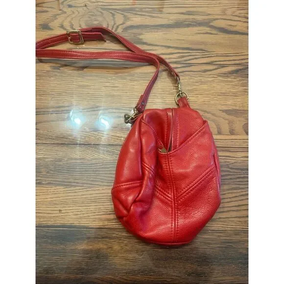 Overland Leather Center Zipper Purse Handbag Crossbody Droplet Bag Red Small‎