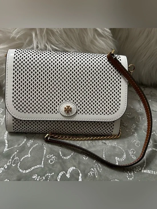 NWT Tory Burch White Fleming Diamond Perforated Convertible Leather Crossbody