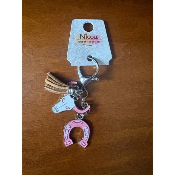 Nicole Purest Essence‎ Pink Enamel Horse Horseshoe Tassel Keychain Bag Charm NEW