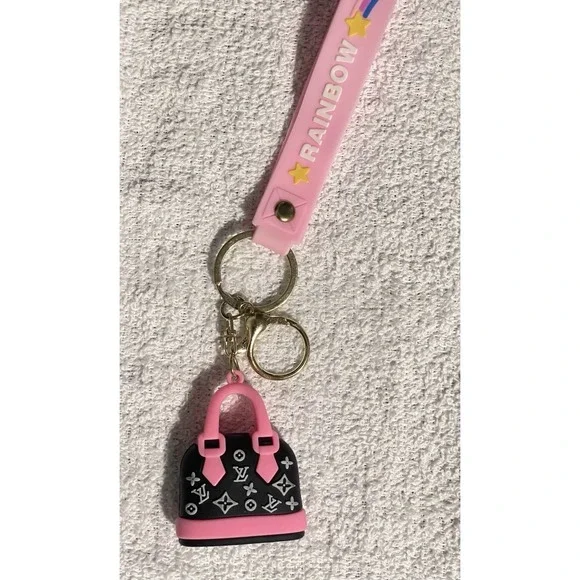 Chic Pink & Black Purse Charm Wristlet Keychain