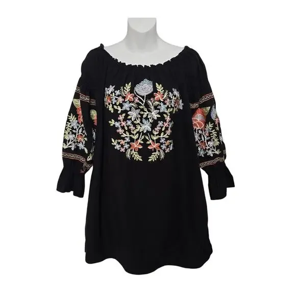 Free People Fleur Du Jour Enchanted Garden Mini Dress M Black Embroidered Floral