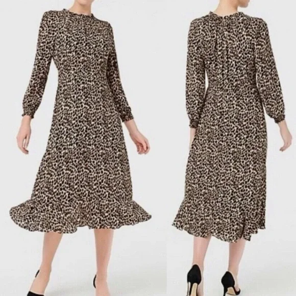 J. CREW Leopard Print Long Sleeve Ruffle Chiffon Midi Dress Peasant Boho Size 4