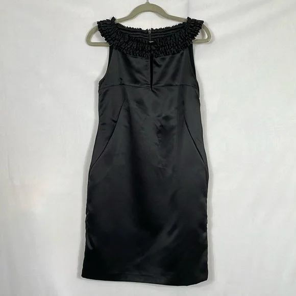 Ted Baker Dress Size 3 US8 Black Satin Cocktail Ruffle Neckline EUC