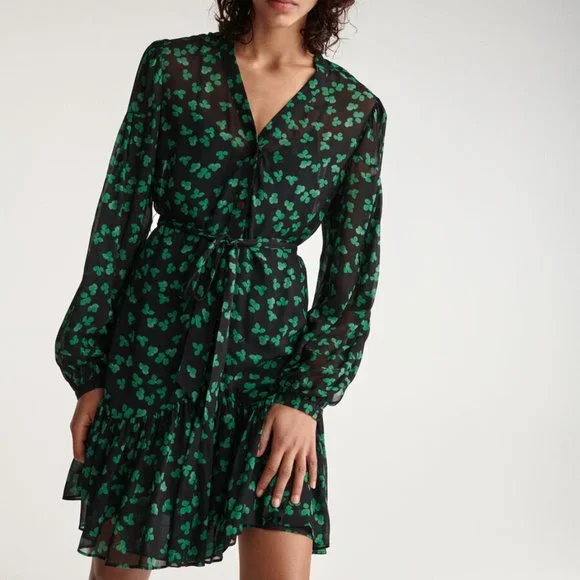 The kooples SHORT BLACK DRESS WITH GREEN PATTERN AND BELT
