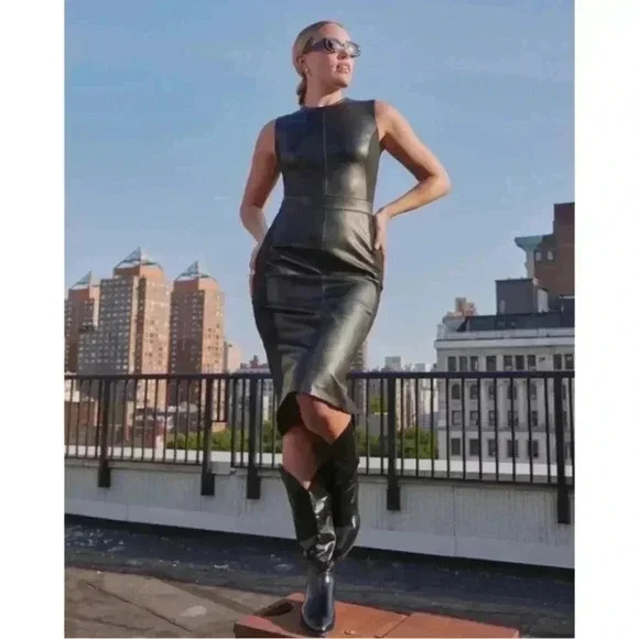 New SPANX Leather Ponte Midi Dress Sheath Stretch Faux Office Siren Boardroom