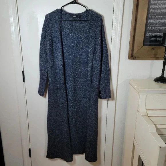 Theory Long Maxi Duster Cardigan Sweater | Size P | Navy Tweed