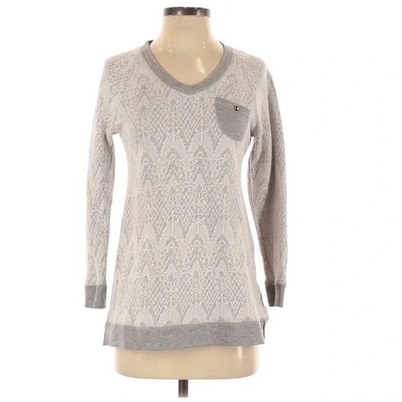 Soft Surroundings gray white lace overlay vneck long sleeve top medium petite