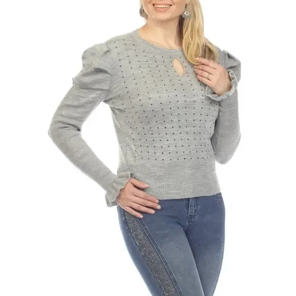 AZI New York Women's Puff Sleeve Knit Sweater Size S Gray Keyhole Rhinestone NWT