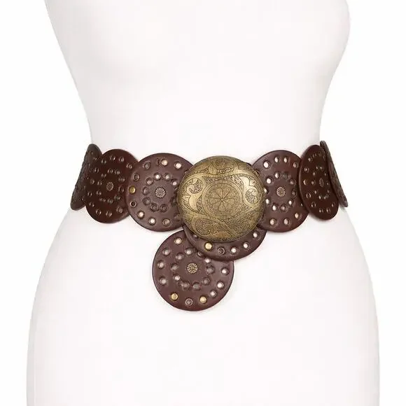 Boho Leather Disc Concho Belt Brown Brass Medallion Statement