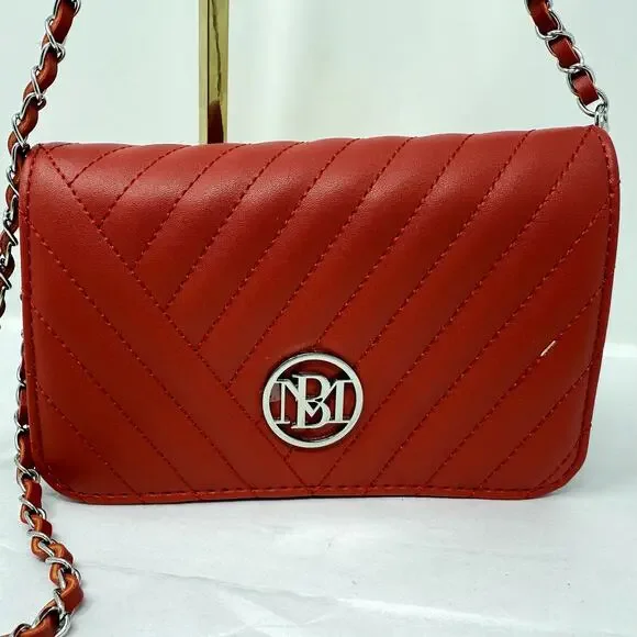 Studio Badgley Mischka Quilted Red Faux Leather Crossbody Shoulder Bag Elegant
