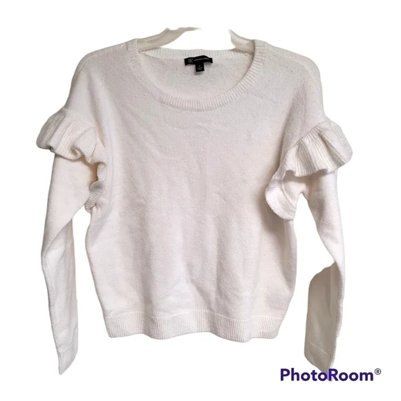 INC Off White Ribbed‎ Ruffle Shoulder Pullover Sweater Top Women's Size XL