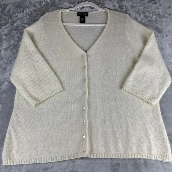Venezia Jeans‎ Angora Blend Cardigan Women's 18/20 Ivory White 3/4 Sleeve (0970)