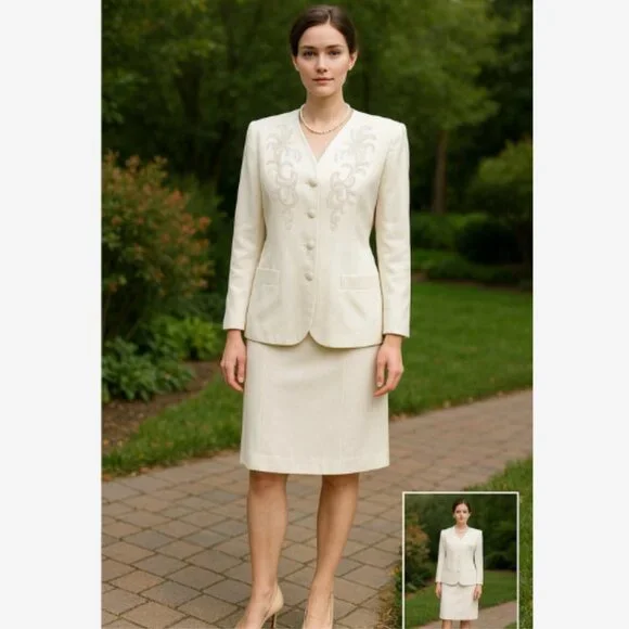 Vintage Jacqueline Ferrar Blazer Skirt Suit Set Size 10P Cream Embroidered