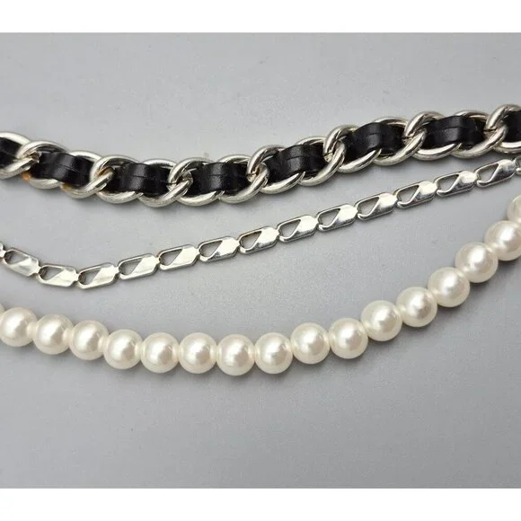 Great Multi Chain & Faux Pearl Silver Tone Adjustable Belt Faux Leather 37-50 in
