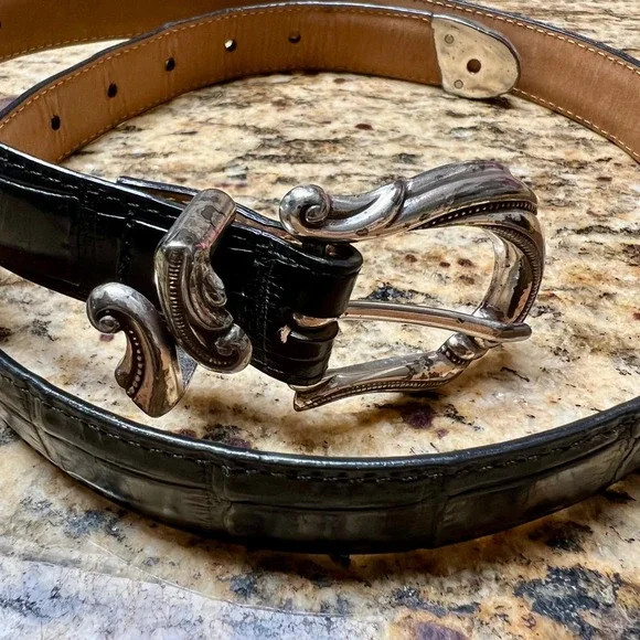 Brighton Womens Black Croc Embossed Leather Western Belt‎ Silver Buckle L Boho