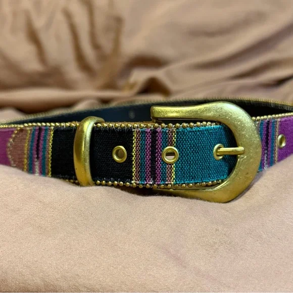 Vintage Elite of Fresno Southwestern tapestry woven belt‎ gold buckle 90’s