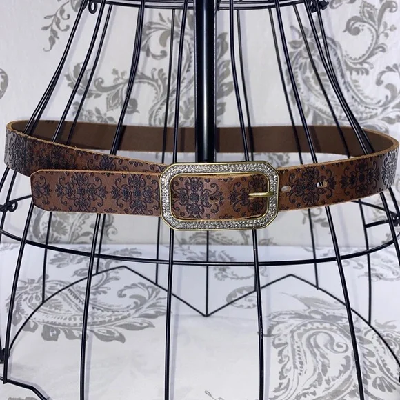 VINTAGE BLING BROWN BELT, ORNATE STAMPED DESIGN LARGE