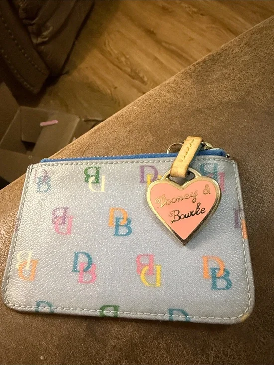 Dooney & Bourke Silver Multicolor DB Logo Card Case with Pink Heart Charm