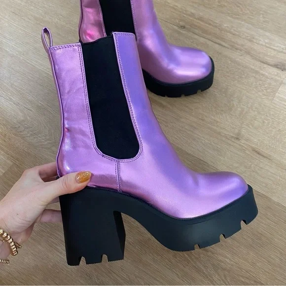 Madden Girl Tippah Womens Faux Leather Platform Mid-Calf Boots Purple Metallic
