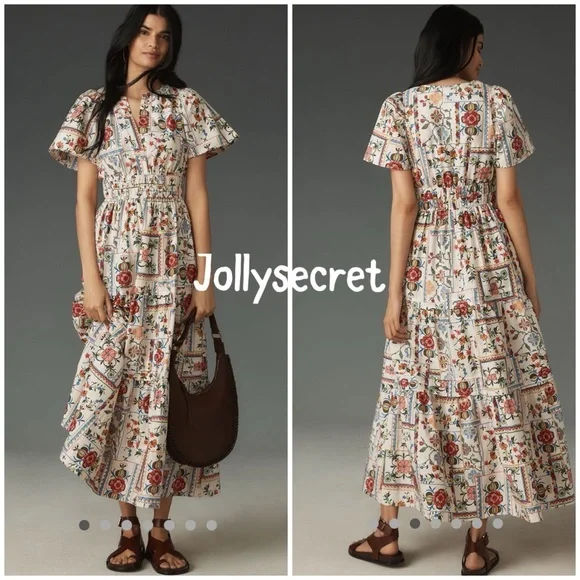 💋 Anthropologie The Somerset Floral Maxi Dress - Cream and Red size XS petite