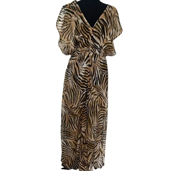 Kendall + Kylie Tiger Print Maxi Dress Brown Black Button Front KKDD-30111 Large