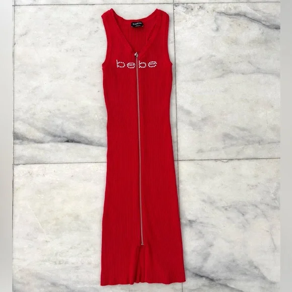 Y2K BEBE Dress Red Swarovski Midi Ribbed Knit Full Zip Women S Hip Hop Boho