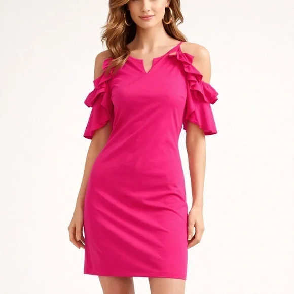 Ann Taylor Hot Pink Ruffle Cold Shoulder Shift Dress Size 0 NWT