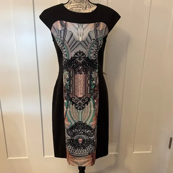 London Times Black and Multicolor Graphic Midi Dress