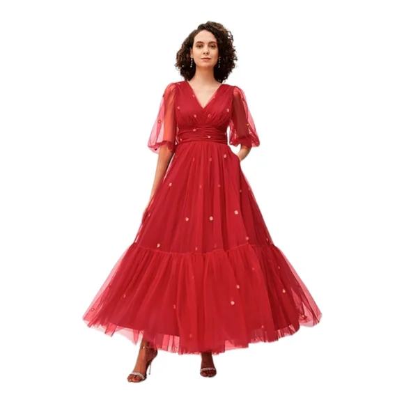 Eshakti Wayward Fancies Floral Embroidery Mesh Ruched Empire Dress