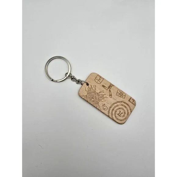Wood Keychain Pi symbol (π) encircled by‎ a sequence of digits representing Pi