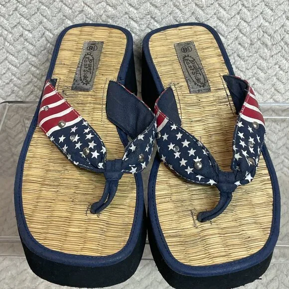 Lower Eastside Y2K Vintage‎ Platform Americana Flip Flop Rhinestone Sandals 8.5