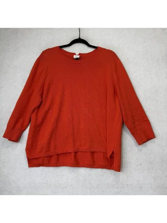 Cabi Sweater Womens Large Orange Crew Neck 3/4 Sleeve High Low Knit Pullover