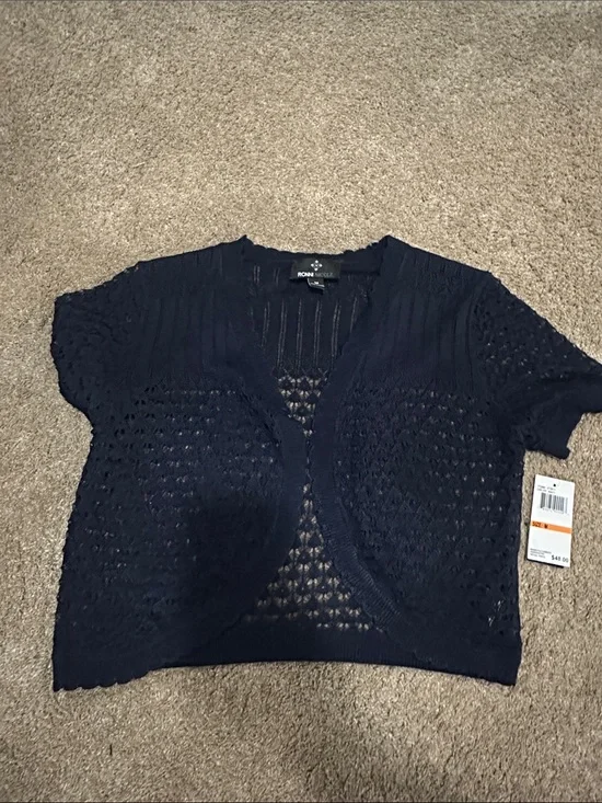 Ronen Chen Navy Open-Knit Cropped Cardigan
