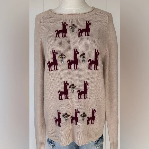J. Crew Women’s Llama Intarsia Knit Wool Blend Sweater Jewel Embellished Size Lg
