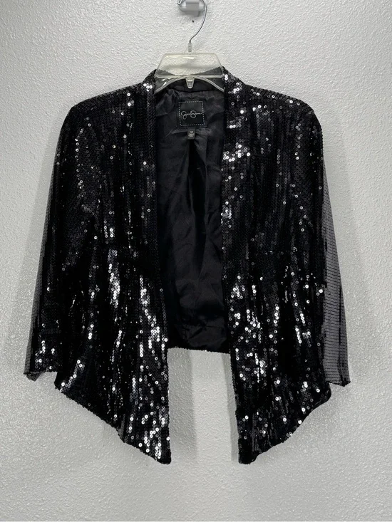 Jessica Simpson Black Sequins Lined Shrug Jacket Medium 3/4 Sleeve